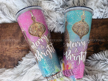 Load image into Gallery viewer, “Merry and Bright” Pastel Christmas, Acrylic Snow Globe Tumbler with Rhinestones
