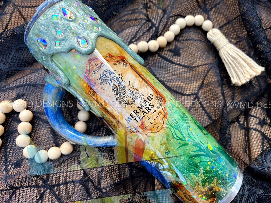 Mermaid Tears Tumbler with Rhinestone Drip and Custom Handle