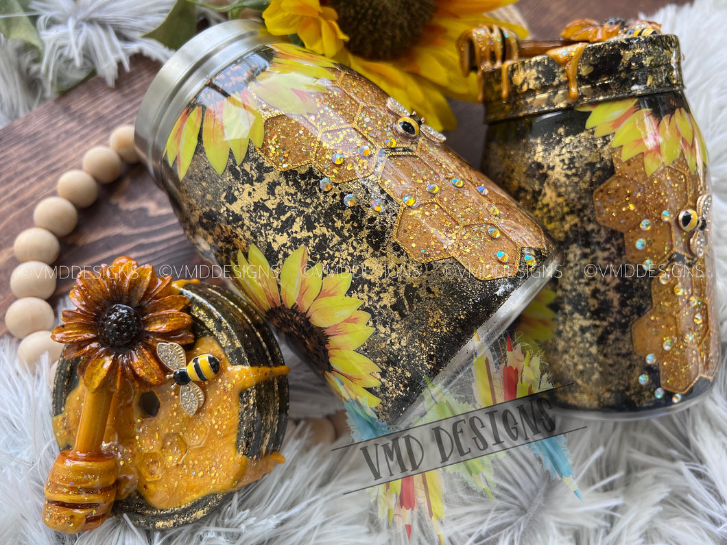 Honey Bee Mason Jar Tumbler with Rhinestones and Decorative Lid