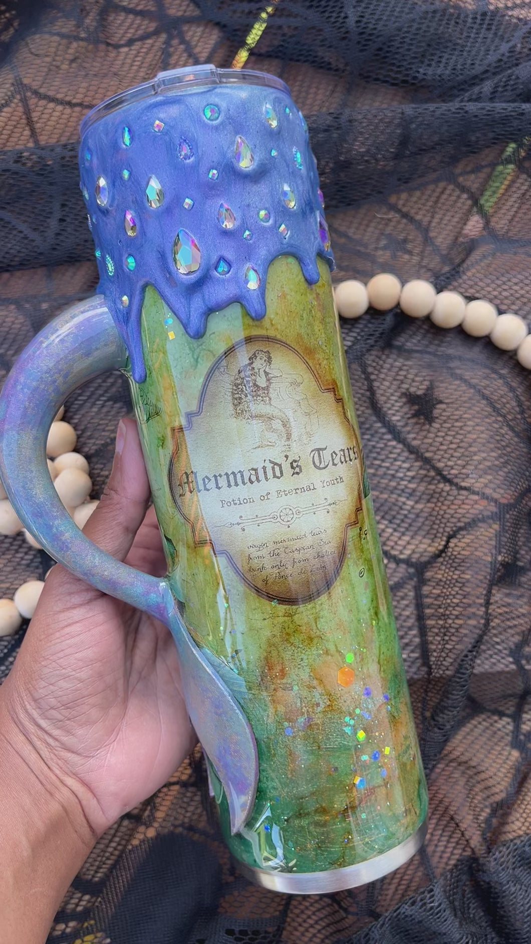 Mermaid Tears Tumbler with Rhinestone Drip and Custom Handle