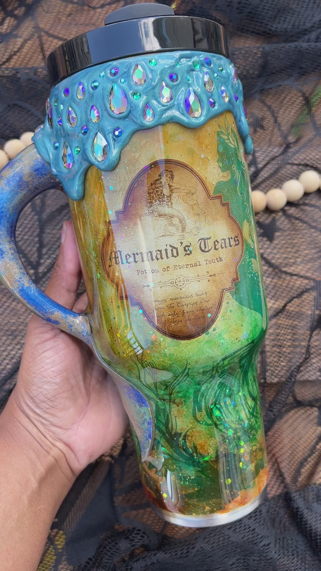 Mermaid Tears Tumbler with Rhinestone Drip and Custom Handle