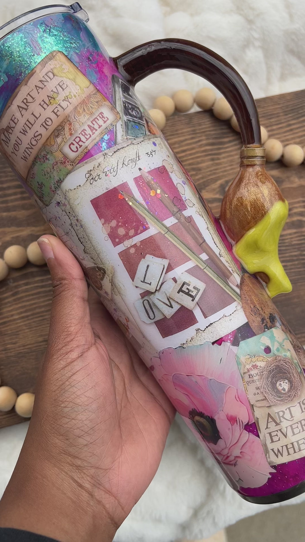 32oz Art Themed Floral Scrapbook Tumbler with Paintbrush Handle