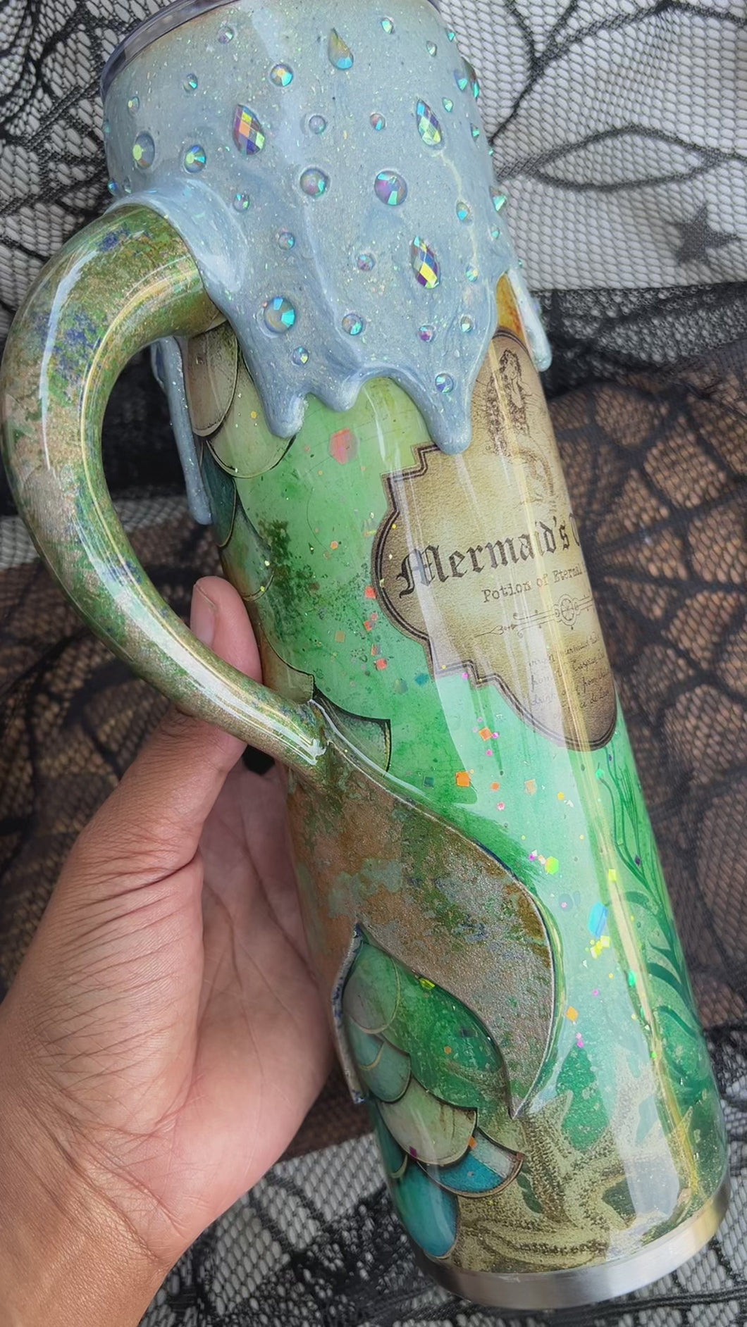 Mermaid Tears Tumbler with Rhinestone Drip and Custom Handle